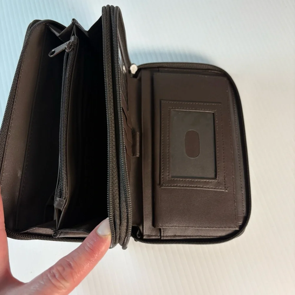 Vintage Brown Leather Zip-Around Checkbook Wallet Organizer
